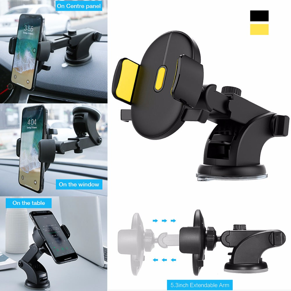 Car Phone Holder 360° — Long Arm Dashboard Suction Mount, Black